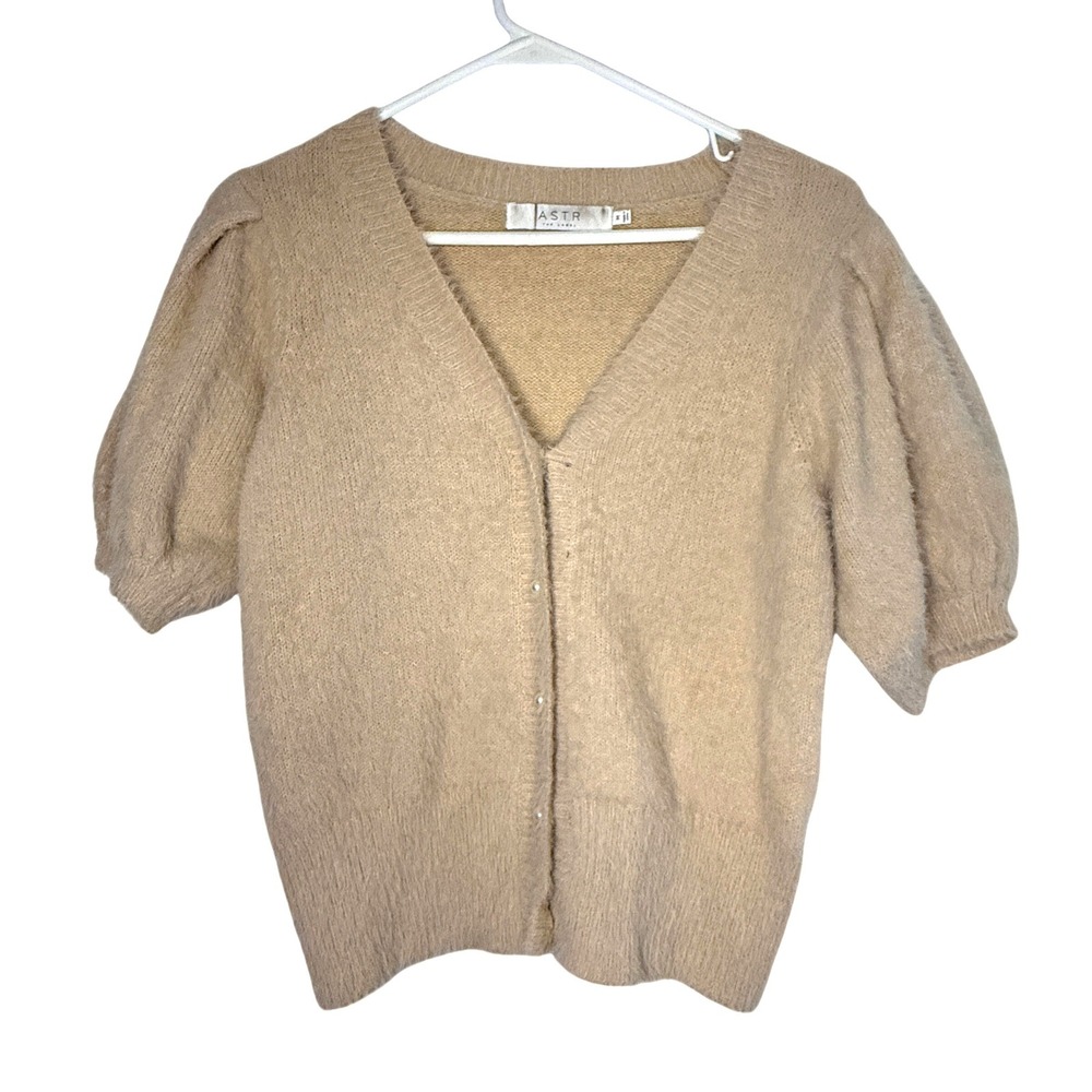 ASTR The Label Medium Nude Fuzzy Puff Sleeve Cardigan Pearl Buttons Soft Girl